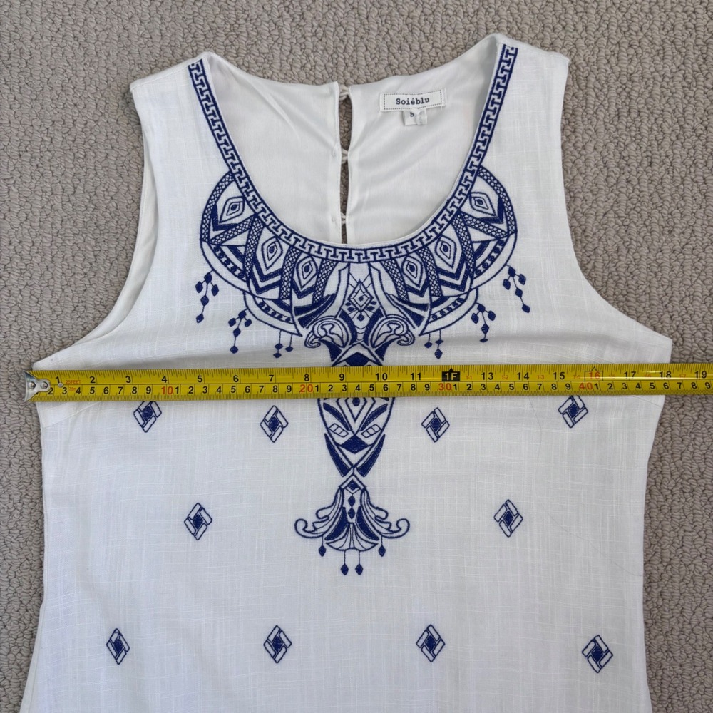 Soieblu Grecian Embroidered Cotton Linen Shift Mini Dress Size Small White Blue - Picture 12 of 15